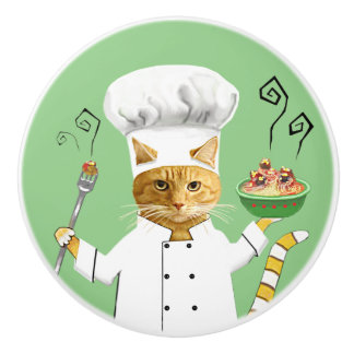 Ginger Kitty Chef on Green Ceramic Knob