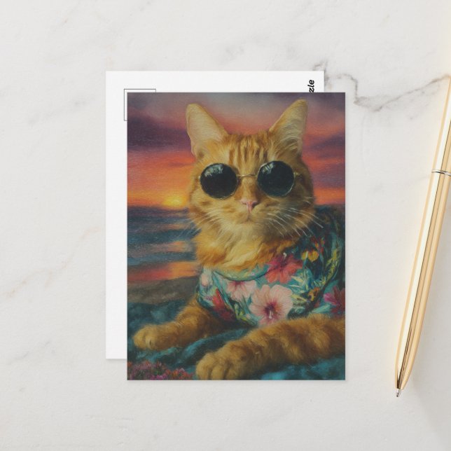 Ginger Kitty in Sunglasses on the Beach Postcard (Front/Back In Situ)