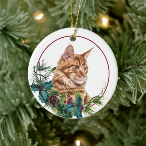 Ginger Maine Coon Cat Evergreen Berry Wreath Ceramic Ornament