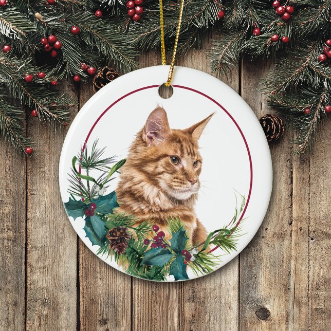Ginger Maine Coon Cat Evergreen Berry Wreath Ceramic Ornament (Creator Uploaded)