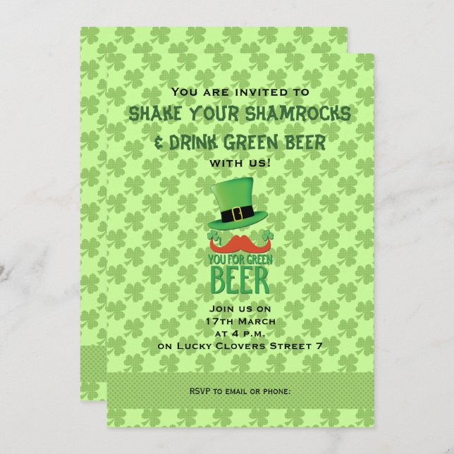 Ginger Mustache you green beer clover Invitation (Front/Back)