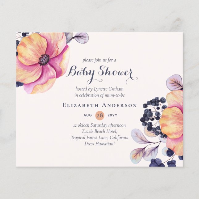 Ginger Navy Floral Baby Shower Invites BUDGET (Front)