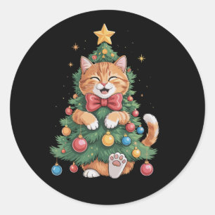 Ginger Orange Cat Christmas Tree Cute Xmas Classic Round Sticker