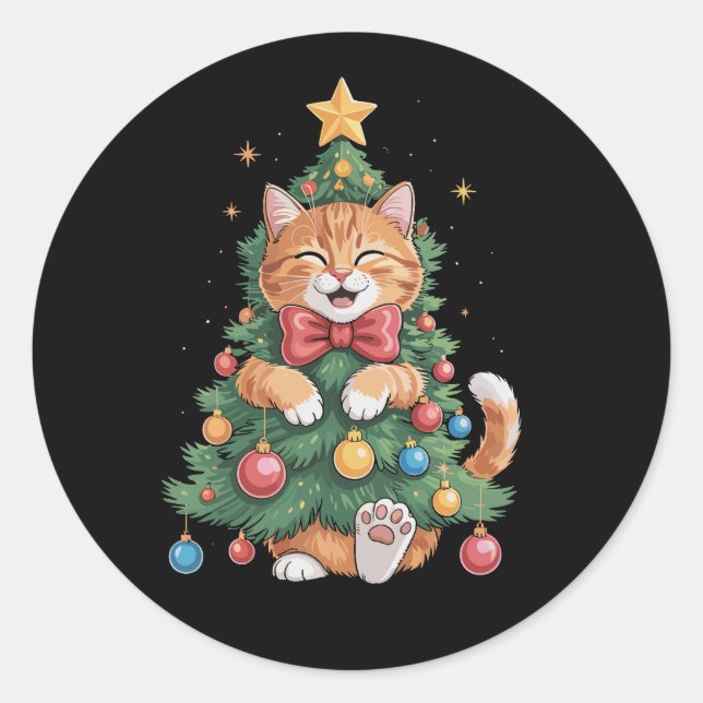 Ginger Orange Cat Christmas Tree Cute Xmas  Classic Round Sticker (Front)