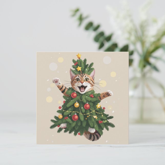 Ginger Orange Cat Christmas Tree Cute Xmas  Holiday Card (Standing Front)