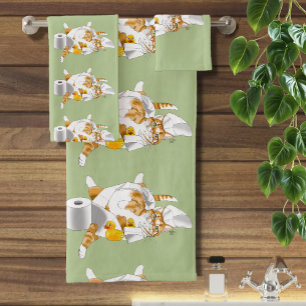 Ginger Orange Cat Funny Toilet Paper Green Bath Towel Set