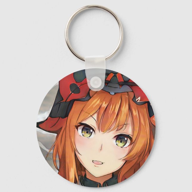 Ginger red haired anime girl green eyes black red keychain (Front)