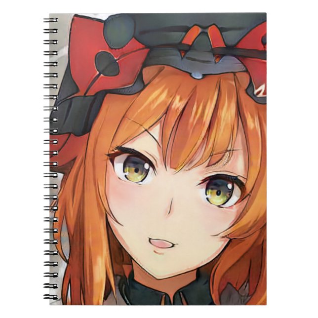 Ginger red haired anime girl green eyes black red  notebook (Front)