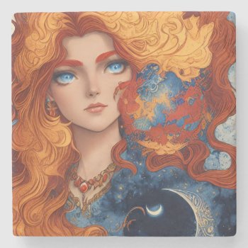Ginger Redhead Blue Eye Golden Moon Goddess        Stone Coaster by Vintage_Bubb at Zazzle