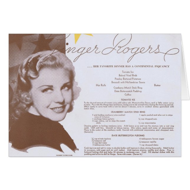 Ginger Rogers Vintage Dinner Party Menu Cards (Front Horizontal)