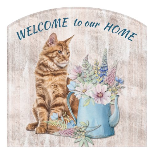 Ginger Tabby Cat and Flower Pot Welcome Door Sign