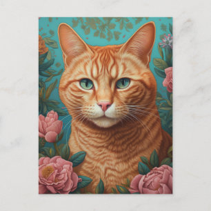 Ginger Tabby Cat and Peonies Postcard