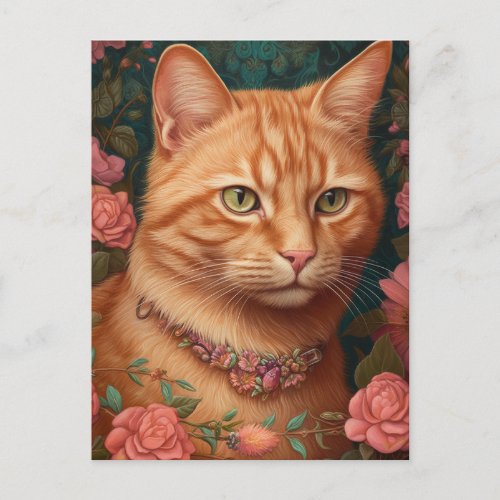 Ginger Tabby Cat and Roses Postcard