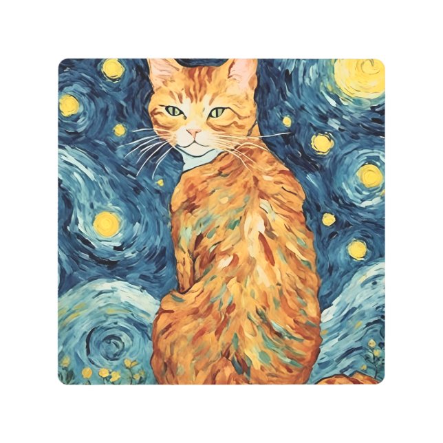 Ginger Tabby Cat in the Starry Night Metal Print (Front)