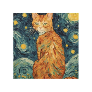 Ginger Tabby Cat in the Starry Night Wood Wall Art