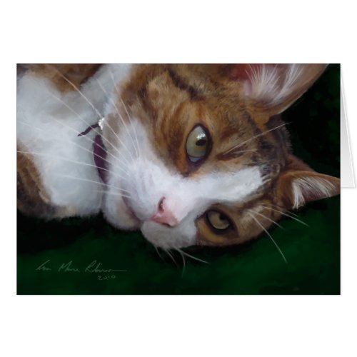 Ginger Tabby Cat on Green _ Cat Art Blank Card
