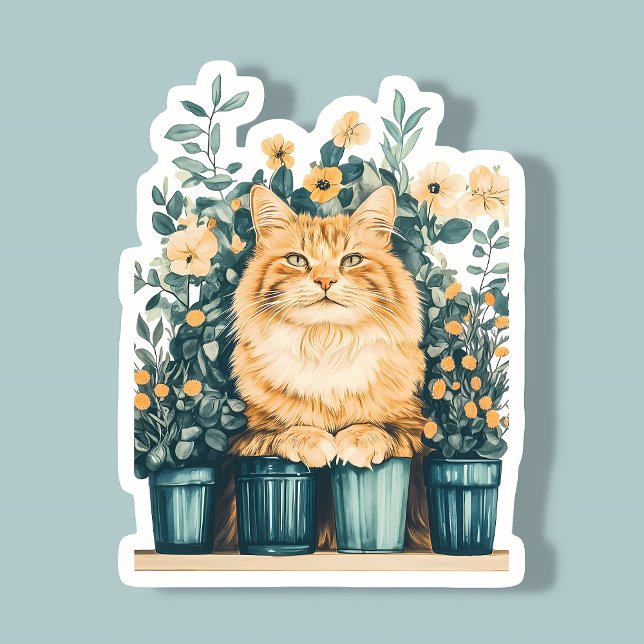 Ginger Tabby Cat Surrounded by Blooming Flowers Sticker (Creator Uploaded)