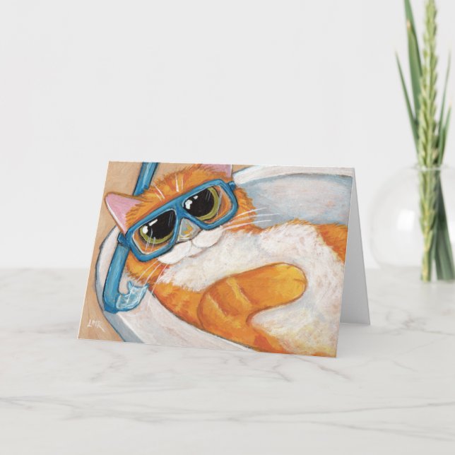 Ginger Tabby Cat with Snorkel in Sink  - Cat Art Card (Front)