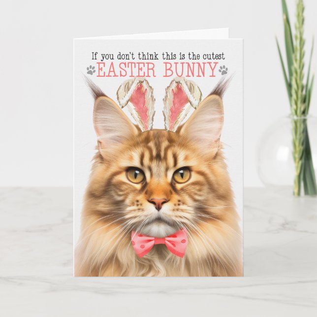 Ginger Tabby Maine Coon Cat Bunny Ears for Easter Holiday Card (Front)