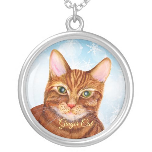 Ginger Tom Cat Watercolor Painting Silver Plated Necklace