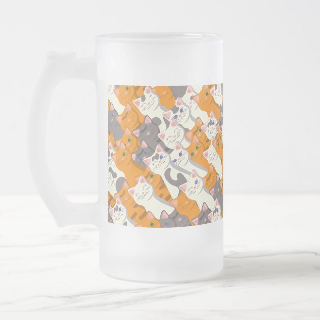 Ginger white black cat diagonal pattern frosted glass beer mug (Left)