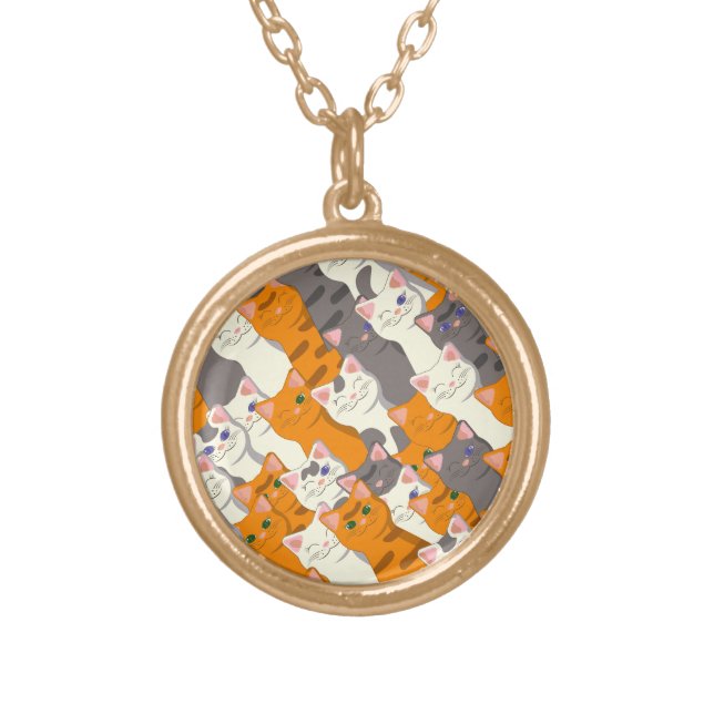Ginger white black cat diagonal pattern gold plated necklace (Front)