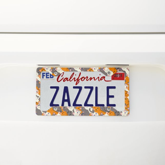Ginger white black cat diagonal pattern license plate frame (On Car)