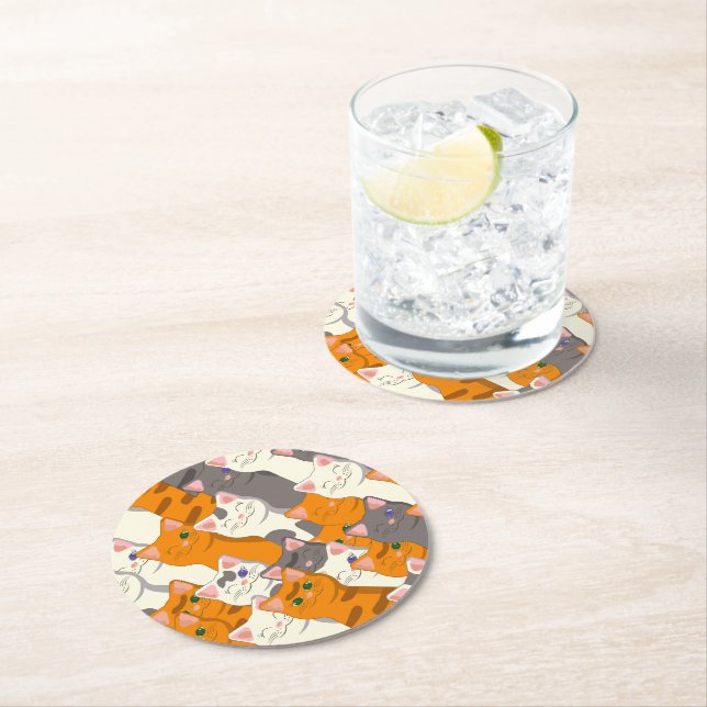 Ginger white black cat diagonal pattern round paper coaster (Insitu)