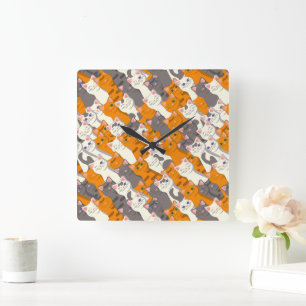 Ginger white black cat diagonal pattern square wall clock