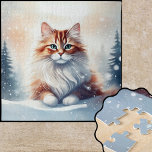 Ginger Winter Cat Jigsaw Puzzle<br><div class="desc">A charming winter scene featuring a ginger cat. Its fur has a rich, warm ginger color, with some white patches on its paws and around its face. The winter setting includes a snowy landscape with delicate snowflakes falling gently from the sky. Cat sitting among snow-covered evergreen trees. The overall atmosphere...</div>