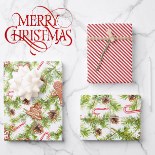 Gingerbread and Candy Cane Stripe 3 Coordinates Wrapping Paper Sheets