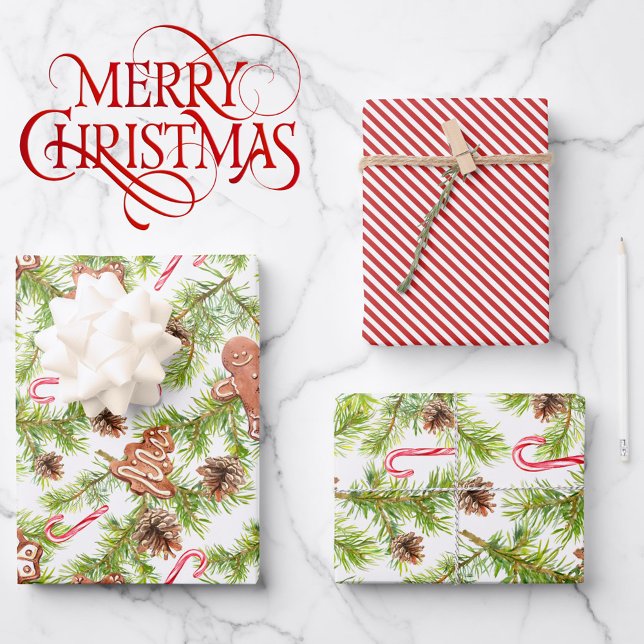 Gingerbread and Candy Cane Stripe 3 Coordinates Wrapping Paper Sheets (Creator Uploaded)
