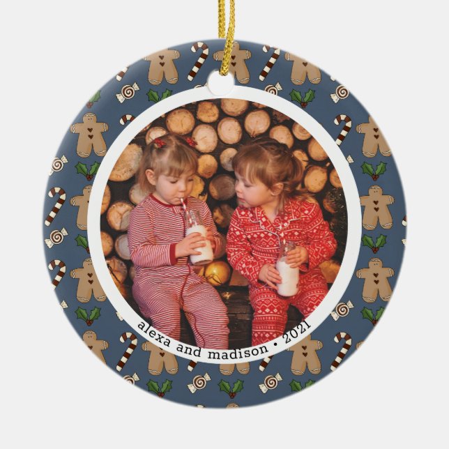 Gingerbread and Candy Canes Photo Christmas  Ornam Ceramic Ornament (Front)