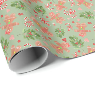 Gingerbread and Holly Branches GREEN Wrapping Pape Paper