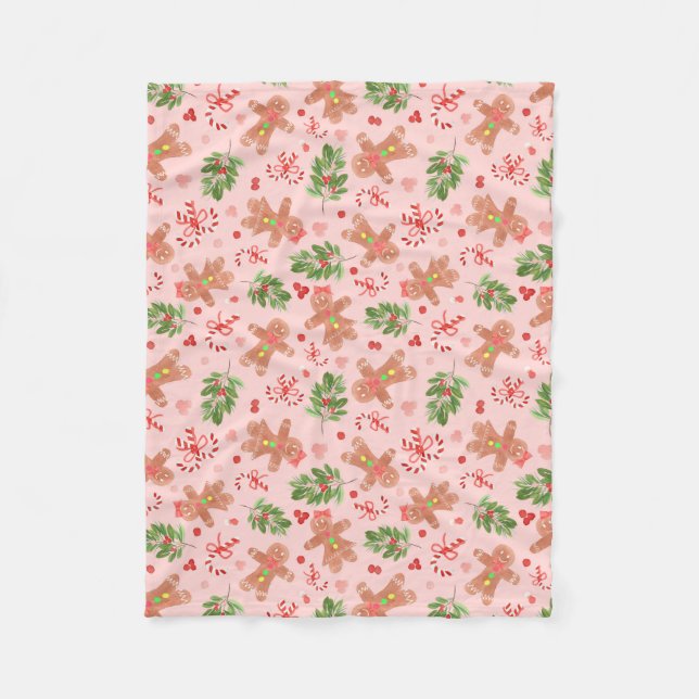 Gingerbread and Holly Branches SMALL PINK Blanket (Front)