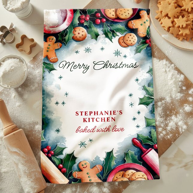 Gingerbread and Holly Merry Christmas Personalized Kitchen Towel (Creator Uploaded)