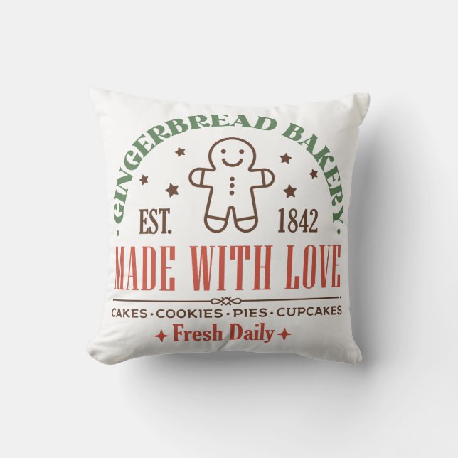 Gingerbread Bakery Christmas Sign Throw Pillow (Front)