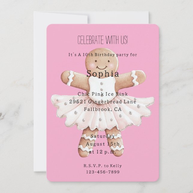 Gingerbread Ballerina Pink Birthday Invitation (Front)