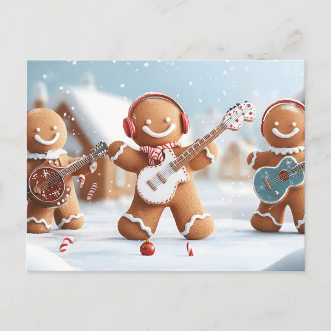 Gingerbread Band Playing in the Snow Holiday Postcard | Zazzle