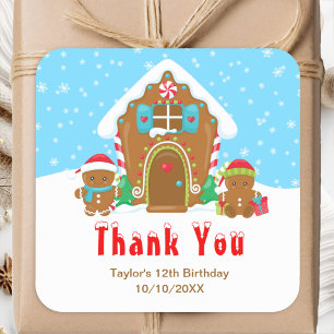 Gingerbread Birthday Party Blue and Red Thank You Square Sticker