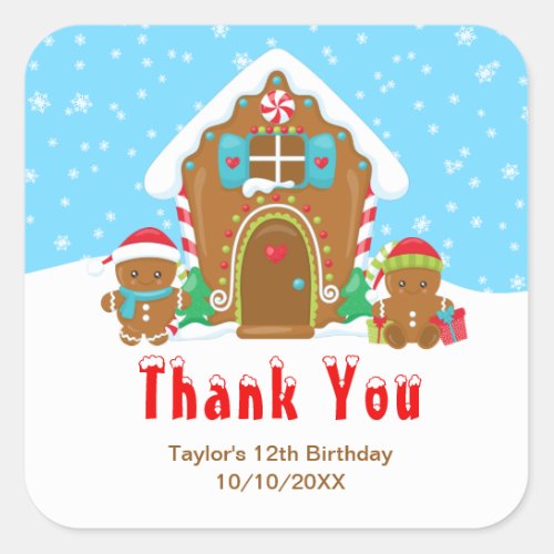 Gingerbread Birthday Party Blue and Red Thank You Square Sticker