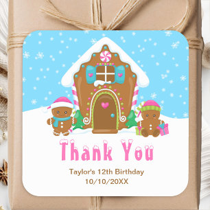 Gingerbread Birthday Party Blue Pink Thank You Square Sticker