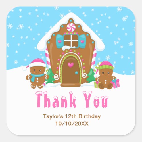 Gingerbread Birthday Party Blue Pink Thank You Square Sticker