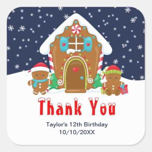 Gingerbread Birthday Party Navy and Red Thank You Square Sticker