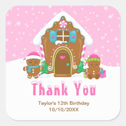 Gingerbread Birthday Party Pink Thank You Square Sticker