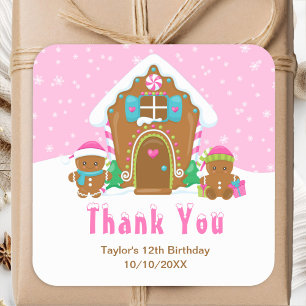 Gingerbread Birthday Party Pink Thank You Square Sticker