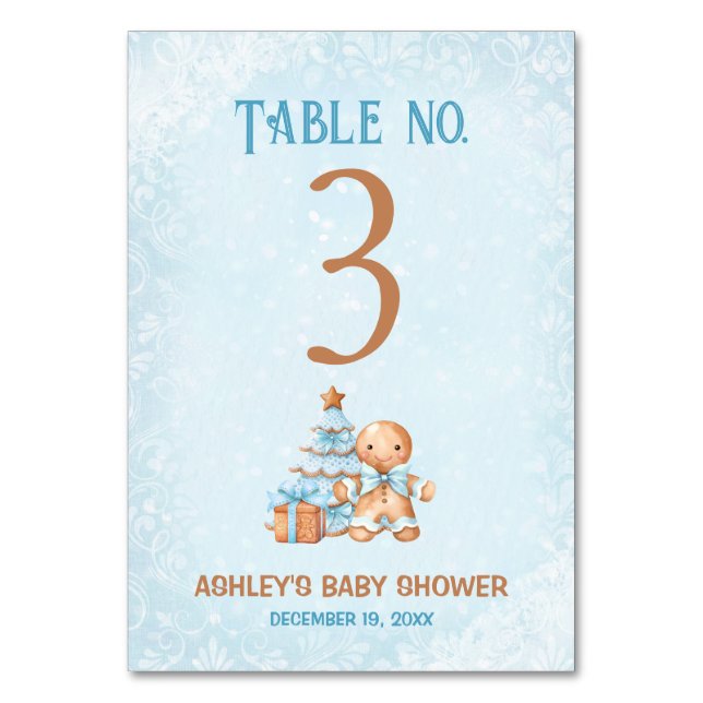 Gingerbread Blue Baby Shower Table Number Sign (Front)