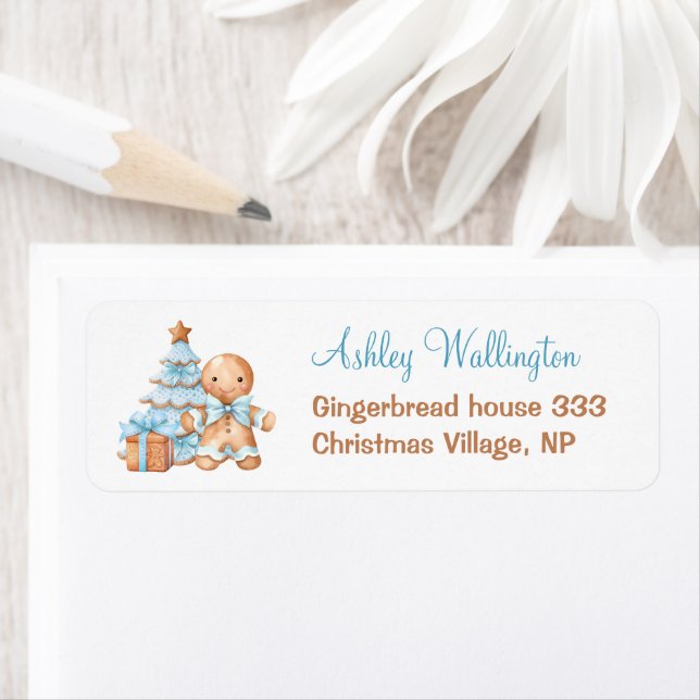 Gingerbread Blue Christmas Boy Baby Shower Address Label (Insitu)