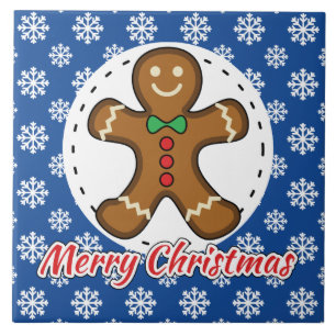 Gingerbread - Blue Snowflakes Pattern - Merry Xmas Ceramic Tile