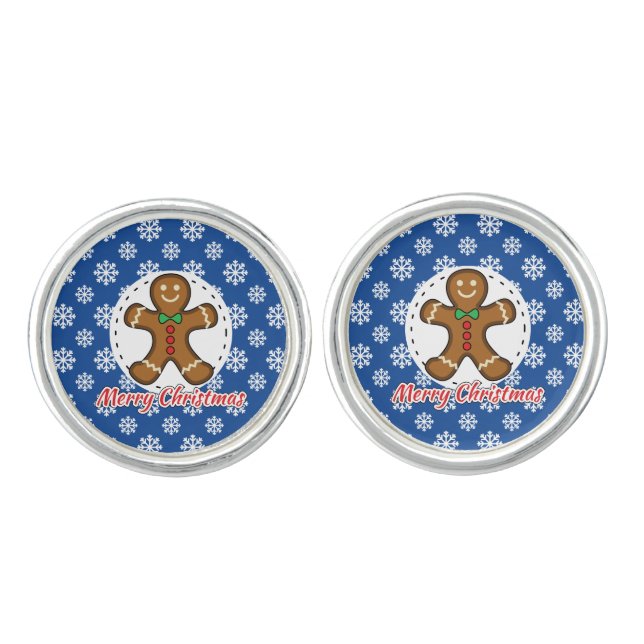 Gingerbread - Blue Snowflakes Pattern - Merry Xmas Cufflinks (Front)
